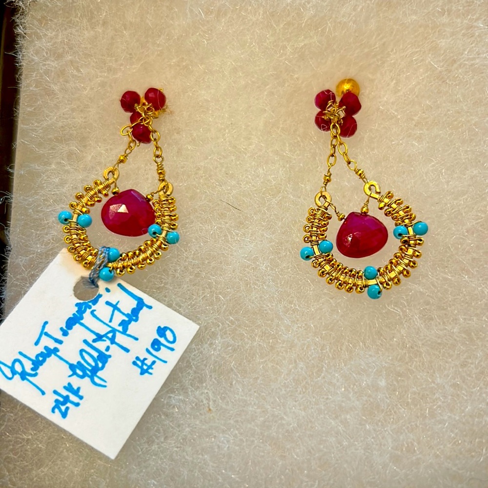 Grazia Dangle Earrings Ruby and Turquoise 14 karat gold filled